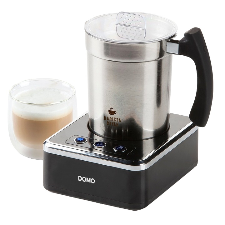 Aparat pentru spumarea laptelui DOMO, capacitate 200 ml, 3 functii automate, spuma lapte rece sau cald, oprire automata, display digital, panou de control digital, recipient din otel inoxidabil, ideal pentru cappuccino/latte/ciocolata calda, negru/inox