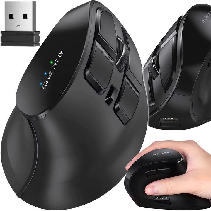 Mouse Vertical Ergonomic wireless, conexiune Bluetooth 5.0 si USB 2.4GHz, sensibilitate ajustabila 1000/1600/2400 DPI, 9 butoane, reincarcabil, pentru dreptaci, Silentios, senzor laser, port USB-C, 120 x 75 x 70 mm, negru BM-360