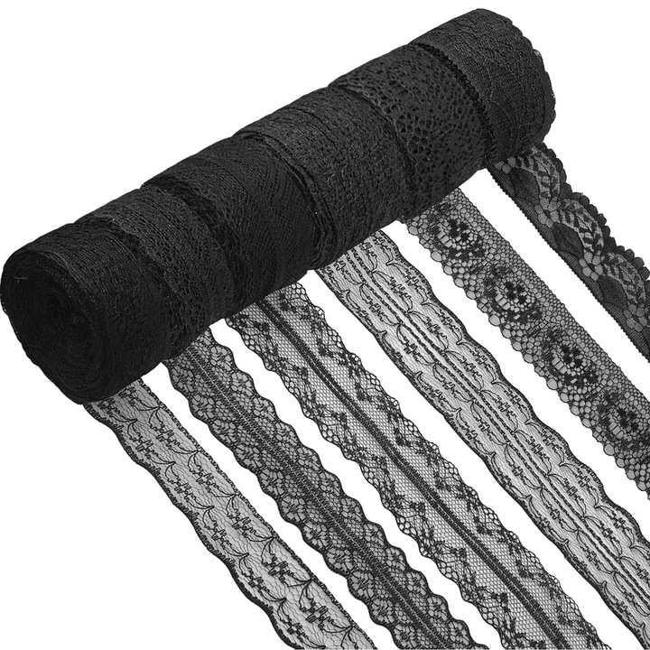 Декоративна сатенена панделка, Axroad Mall, Комплект от 6 ролки дантела, Лесна за рязане, Безопасна и издръжлива, Нетоксична, За многократна употреба, За букети, подаръци, ръчно изработени продукти и декорации, Полиестер, ролка 10 м, Черна