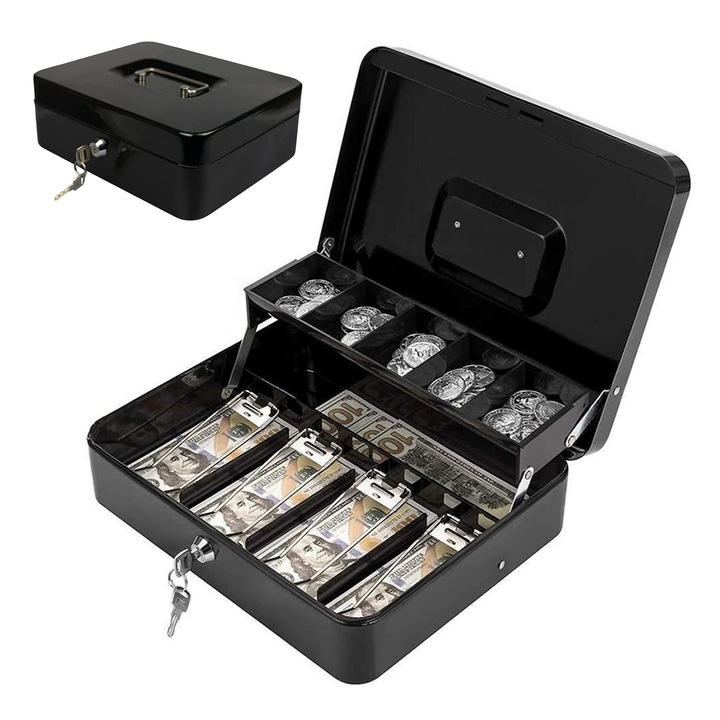 Caseta Bani pentru Monede si Bancnote, SINBINTA, Seif Portabil, 2 cheite, Capacitate mare, Prevazuta cu maner pentru transportare usoara, Rezistenta la apa, Anti-Furt, Pentru lucruri de valoare, Otel, 9x24x30cm, Negru