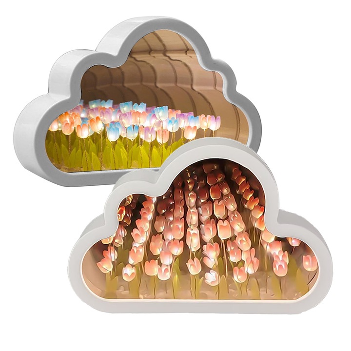 Нощна лампа 2 в 1 с мотив на лалета, SINBINTA, Комплект от 2 многофункционални декоративни лампи, с вградена батерия, защита за очите, 3 режима на осветление, 40 цветя със светлина, PMMA, 17x4x11 см, розова/многоцветна