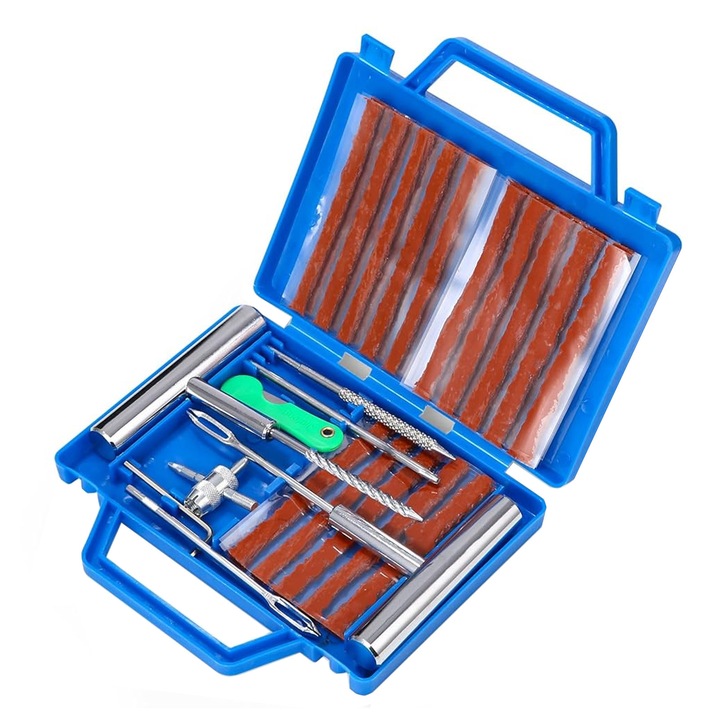 Kit Vulcanizare pentru Reparatie Pana Anvelope, SINBINTA, Kit 33 buc Reparatie Pana Auto, 15 snururi, Cu manere si cutie depozitare, Puternic lipicios, Repararea rapida a anvelopelor, Rezistent la uzura si practic, Metal, Multicolor