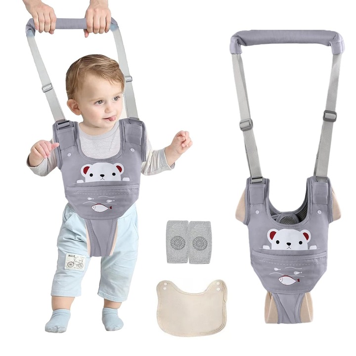 Ham Bebe Premergator Ergonomic, SINBINTA, Marsupiu Bebe, Cu suport tip chilot detasabil, bavetica si genunchiere incluse, Intre 0 si 36 de luni, Reglabil, Greutate maxima 20kg, Gri, Bumbac/Poliester
