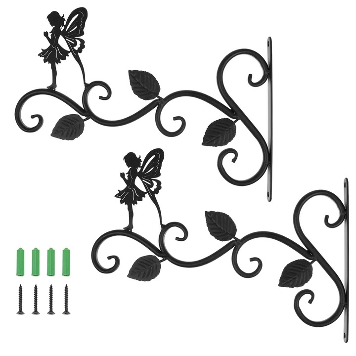 Set 2 suport de perete pentru ghiveci suspendat, Axroad Mall, Carlige agatat plante, Rezistente la rugina, Durabil si robust, Usor de instalat, Design retro, Pentru decorare interior/exterior, 30*18.5cm, Metal, Negru