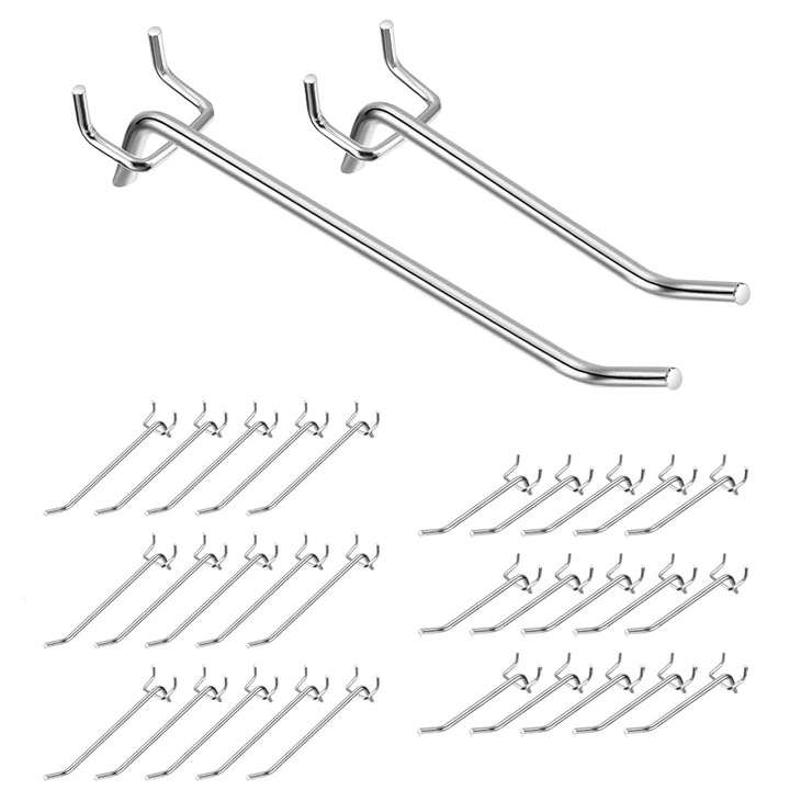 Set 30 carlige pentru panou scule, Axroad Mall, Carlige triunghiulare pentru organizare unelte, Durabil si stabil, Usor de instalat si demolat, Rezistente la coroziune, Potrivit pentru workshop-uri, garaje si rafturi, Metal, 50mm, 100mm, Argintiu