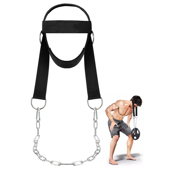 Ham pentru cap pentru lucrat muschii gatului, Axroad Mall, Ham de antrenare gatului cu lanta de fier, Accesorii de fitness, Cu suport pentru barbie, Ajustabile, Pentru intarire musculara a gatului si spatelui superior, 70cm, Poliester, Negru