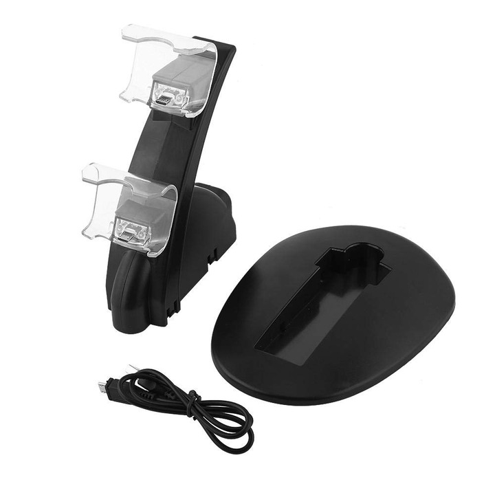 Incarcator dual pentru controlere PS4, suport USB, cu cablu, compatibil PS4 Slim/Pro