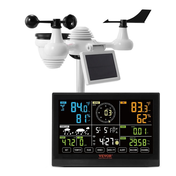 7 в 1 метеорологична станция, Wi-Fi, 7.5" екран, слънчева, бяла, 150 м предаване