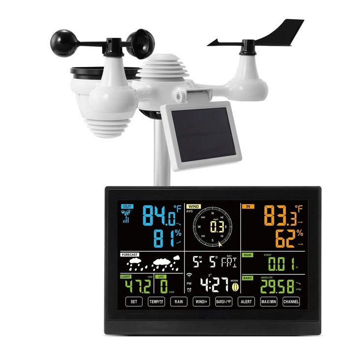 7-в-1 метеорологична станция със слънчева енергия, многофункционален сензор, 7,5" цветен дисплей, Wi-Fi предаване, обхват 150 м