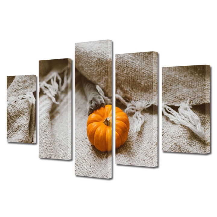 Set Tablouri Multicanvas 5 Piese Halloween Dovlecel si pisica, 60 x 100 cm