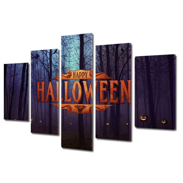 Set Tablouri Multicanvas 5 Piese Halloween Petrecere Halloween in padure, 60 x 100 cm