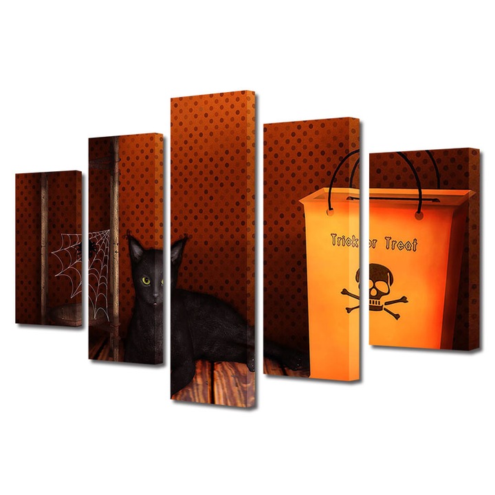 Set Tablouri Multicanvas 5 Piese Halloween Halloween pisica neagra , 60 x 100 cm