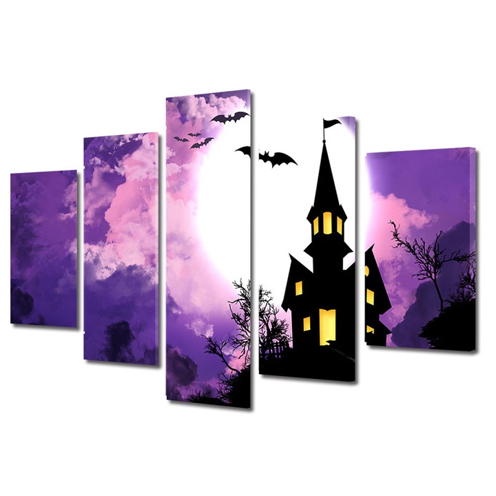 Set Tablouri Multicanvas 5 Piese Halloween Castel bantuit Halloween, 60 x 100 cm