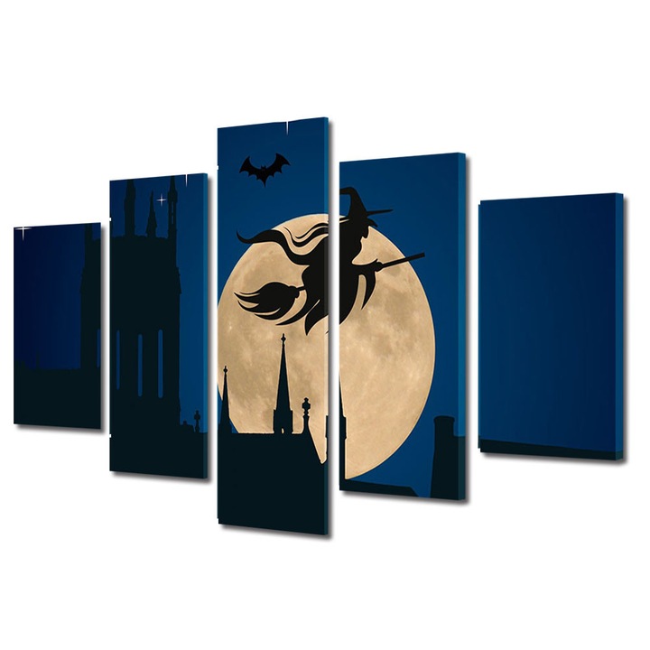 Set Tablouri Multicanvas 5 Piese Halloween Halloween vrajitoare pe matura, 60 x 100 cm