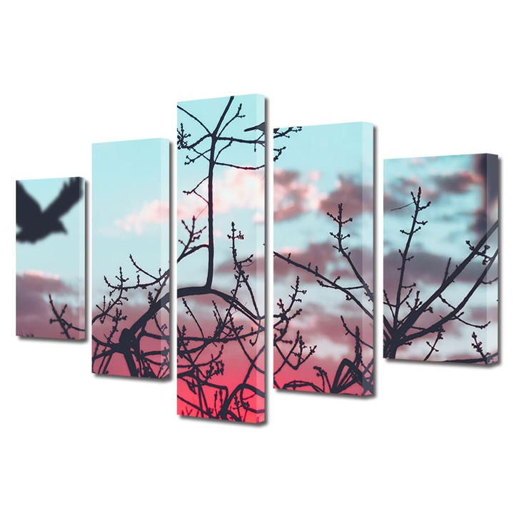 Set Tablouri Multicanvas 5 Piese Halloween Nuante de asfintit cu pasari, 60 x 100 cm