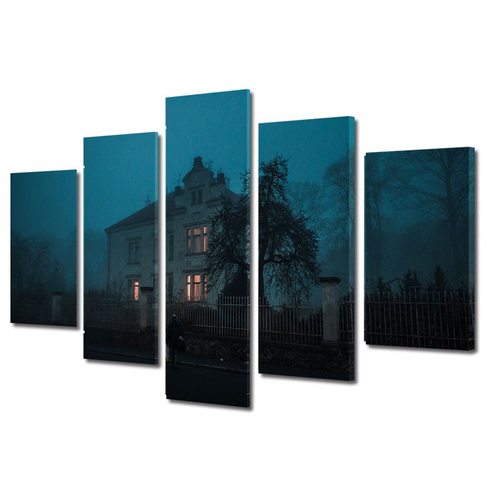 Set Tablouri Multicanvas 5 Piese Halloween Casa luminata noaptea, 120 x 225 cm