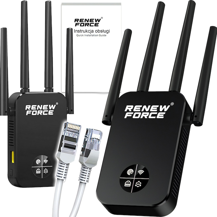 Amplificator Semnal Wireless, Extender Wi-Fi, 802.11ac/b/g/n, Benzi 2.4GHz si 5Ghz, WPA 2, Viteza 1200Mbps, Mod Acces Point, 4 Antene, Doua Sloturi WAN si LAN, Buton WPS, Compatibil Universal, Renew Force CF-WR761AC