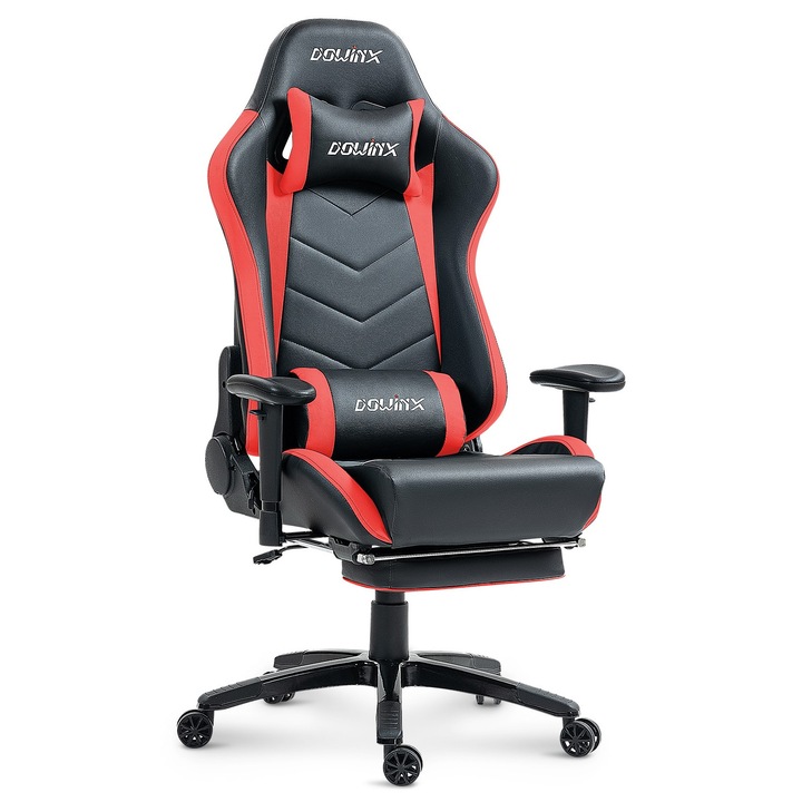 Scaun Gaming Ergonomic Premium DOWINX®, Suport Lombar Cu Masaj USB, Tapiterie Piele PU, Recliner 90-180°, Perne Reglabile Lombara Si Cervicala, Suport Picioare Retractabil, Cotiere Reglabile, Cadru Solid Rezistent 150 Kg, Scaun Gaming Negru/Rosu