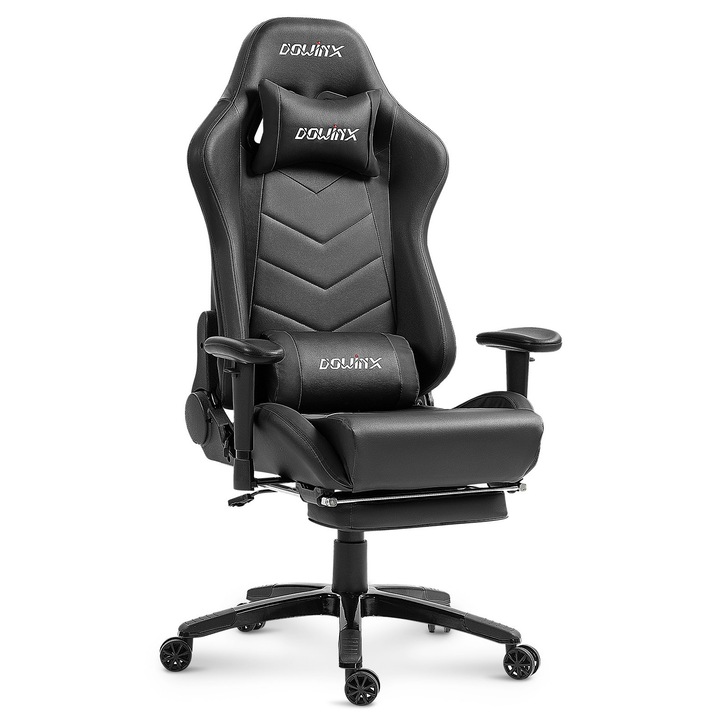 Scaun Gaming Ergonomic Premium DOWINX®, Suport Lombar Cu Masaj USB, Tapiterie Piele PU, Recliner 90-180°, Perne Reglabile Lombara Si Cervicala, Suport Picioare Retractabil, Cotiere Reglabile, Cadru Solid Rezistent 150 Kg, Scaun Gaming Negru