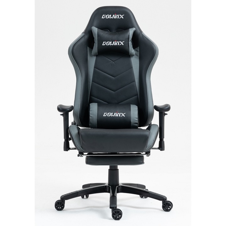 Scaun Gaming Ergonomic Premium DOWINX®, Suport Lombar Cu Masaj USB, Tapiterie Piele PU, Recliner 90-180°, Perne Reglabile Lombara Si Cervicala, Suport Picioare Retractabil, Cotiere Reglabile, Cadru Solid Rezistent 150 Kg, Scaun Gaming Negru/Gri