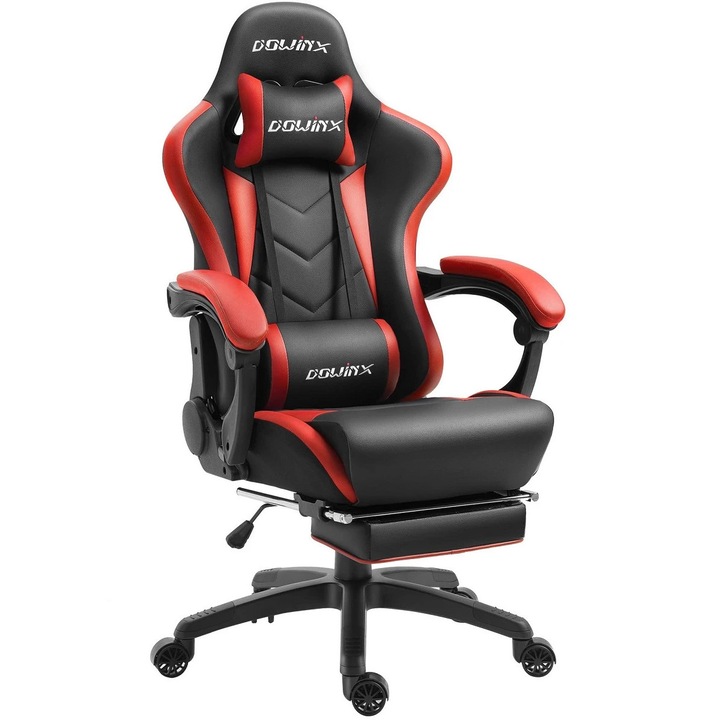 Scaun Gaming Ergonomic Premium DOWINX®, Suport Lombar Cu Masaj USB, Tapiterie Piele PU, Recliner 90-165°, Tetiera Inclusa, Suport Picioare, Perne Reglabile Lombara Si Cervicala, Cadru Solid Rezistent 150 Kg, Scaun Gaming Negru/Rosu