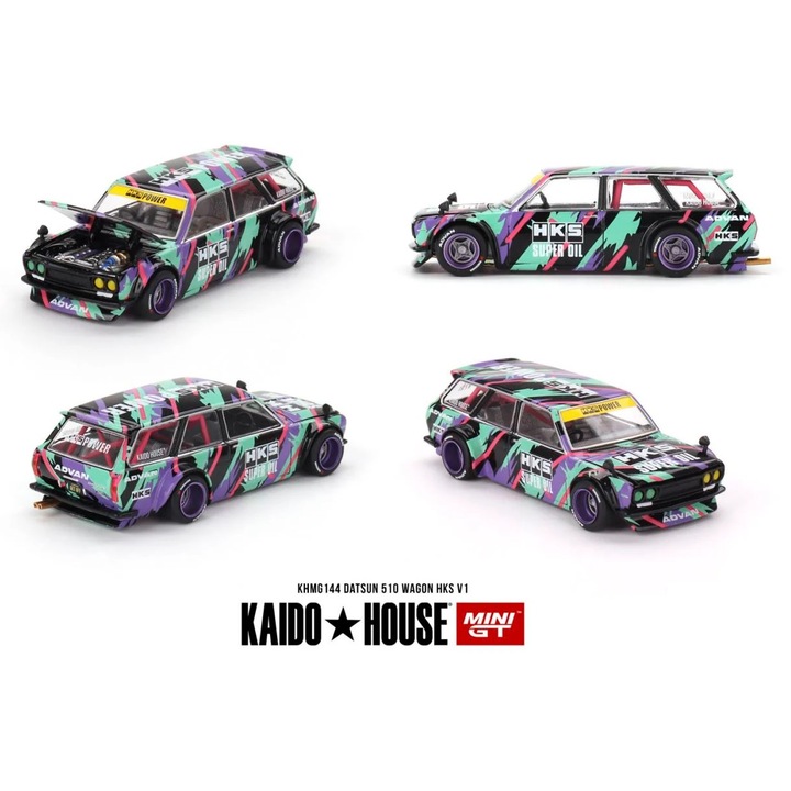 Model Car Kaido House, 1969 Datsun 510 Wagon HKS V1 Kaido, MiniGT, 1:64, Multicolor