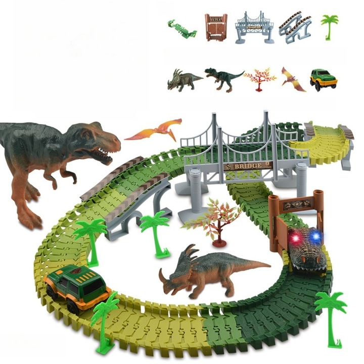Dinoszaurusz nyomvonalas játékkészlet, barkács összeállítás, ívelt pálya, zuhanásállóság, intelligencia fejlesztés, szem-kéz koordinációs gyakorlat, érdeklődés ápolása, zöld