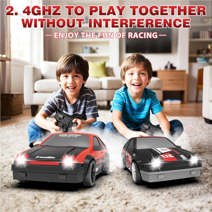 Кола с дистанционно управление, RC, 1/24, дрифт, 4WD, 15км/ч, LED светлини, сменяеми гуми, Червен