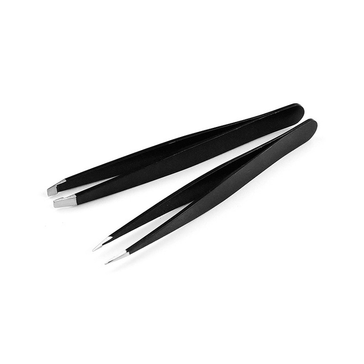 Set 2 pensete pentru sprancene, inox, design cu varf ascutit si plat, 10x1cm, negru