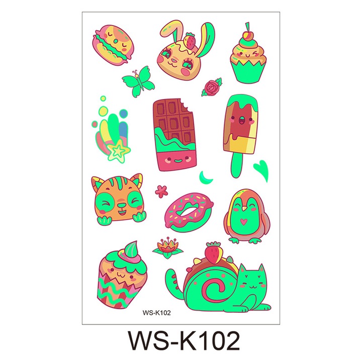 Set de stickere tatuaje fluorescente, pentru copii, 120x76mm