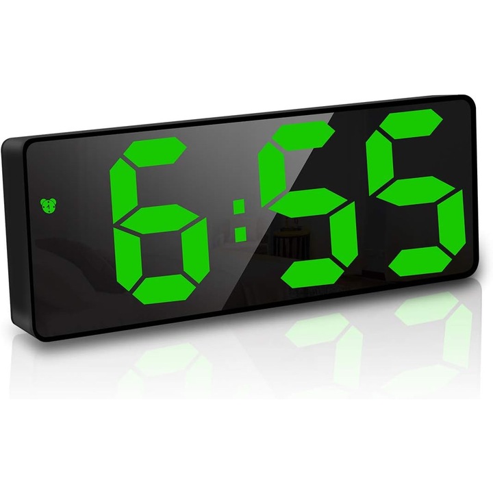 Ceas desteptator digital, 6.7 inch, ecran LED oglinda, functie snooze, alimentare USB/baterii, verde