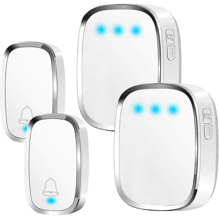 Sonerie electrica wireless, 300m, set cu 2 transmitatoare si 2 receptoare, 36 melodii, 4 niveluri de volum, impermeabil, LED albastru