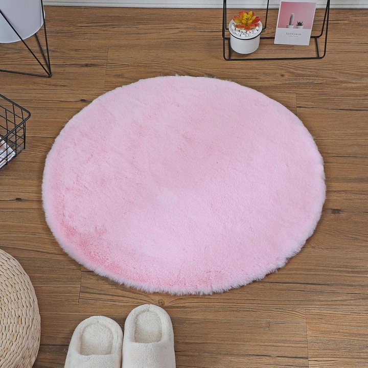 Covor rotund din poliester, roz, 60x60cm, pentru living si dormitor