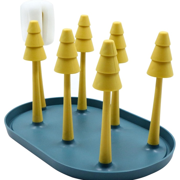 Suport cani, 6 brate, albastru cu galben, pentru cupe si sticle, design modern