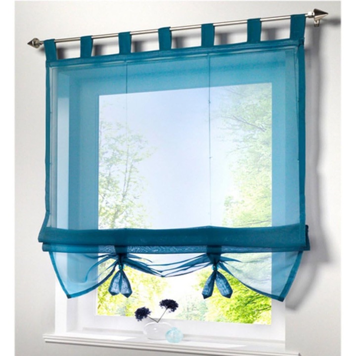 Perdea romana albastra, 60x155cm, stil european, set de perdele pentru bucatarie