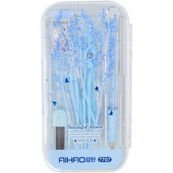 Set de unelte de desen, 8 piese, compas, rigla, raportor, creion mecanic, albastru, 8.5x17cm