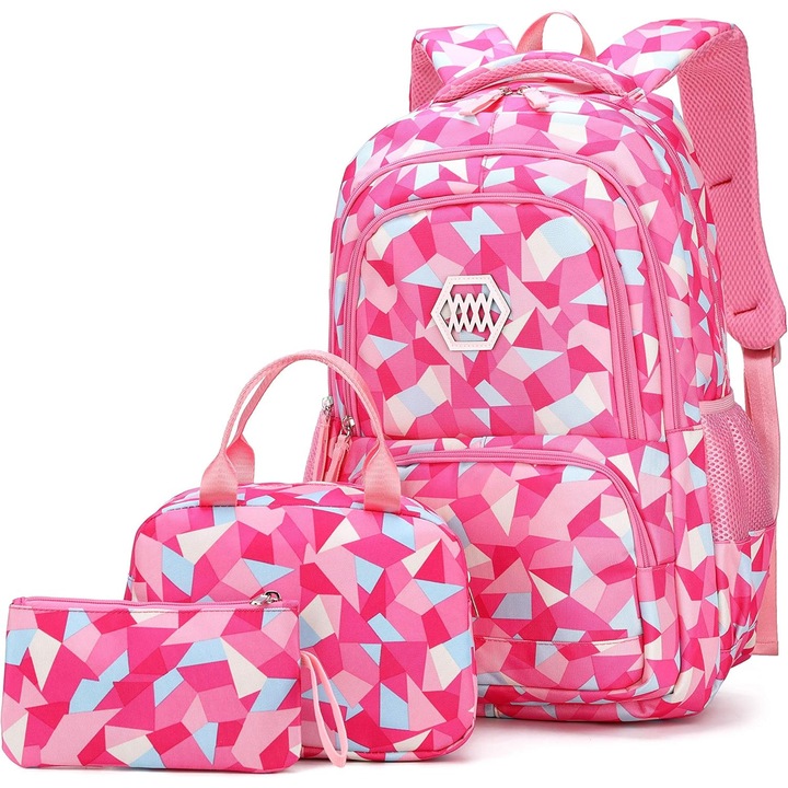 Ghiozdan set pentru scoala, cu geanta de pranz si etui pentru creioane, roz, 12.9x9.4x18.9 in, 35L