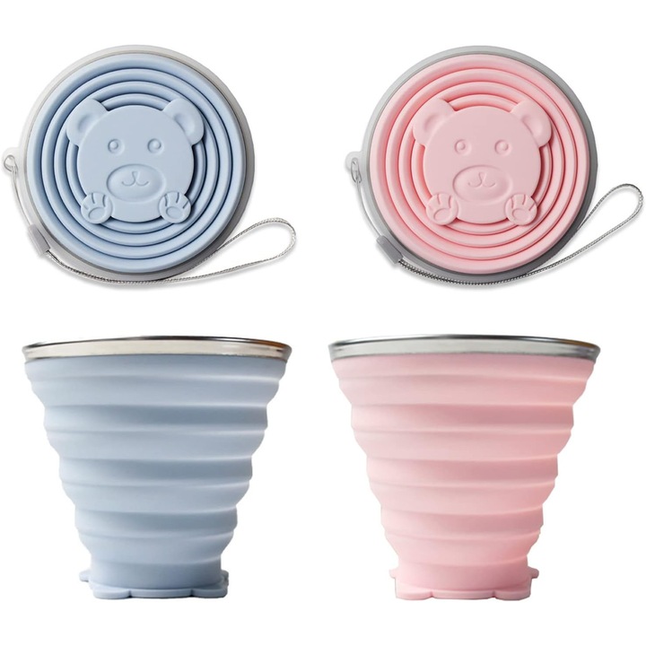 Set 2 Cani Termosabile din Silicon, Capacitate 270ML, Roz si Albastru, Dimensiuni 9.5x8.5cm desfacute, 9.5x1.3cm pliate