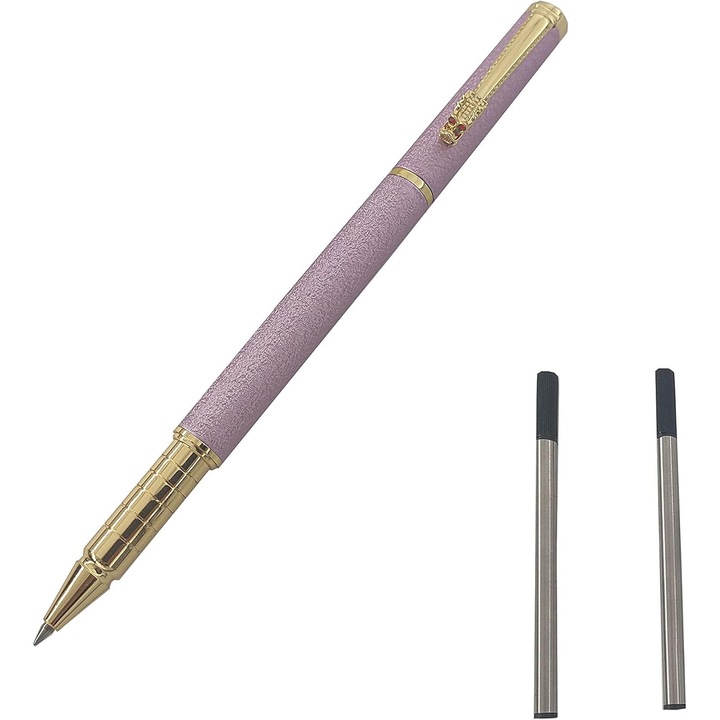 Fém töltőtoll, 0.5mm, 5 cserélhető patron, rózsaszín, 13.8x1.1cm