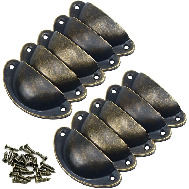 Set 10 Manere Retro din Metal pentru Mobilier, 81x35mm, 65mm distanta intre gauri, bronz