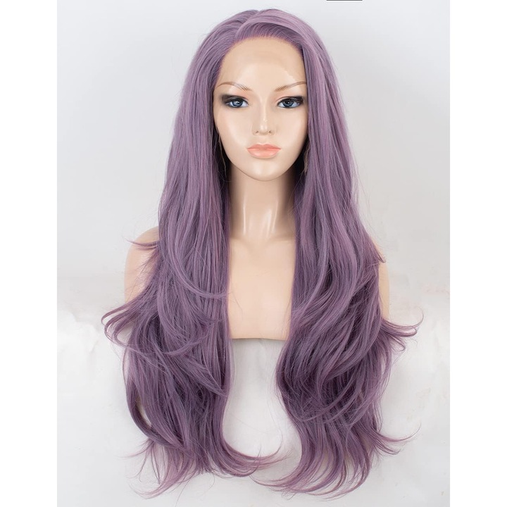 Peruca sintetica lunga ondulata violet, 65cm, cu bretele ajustabile si piepteni interni, 1 peruca si 2 caciulite elastice