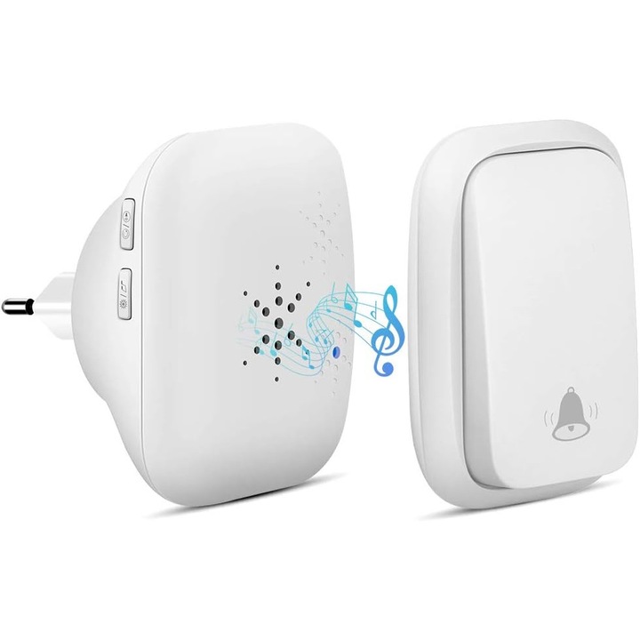 Sonerie wireless, fara baterii, 38 tonuri, 4 niveluri volum, alb, 152m raza