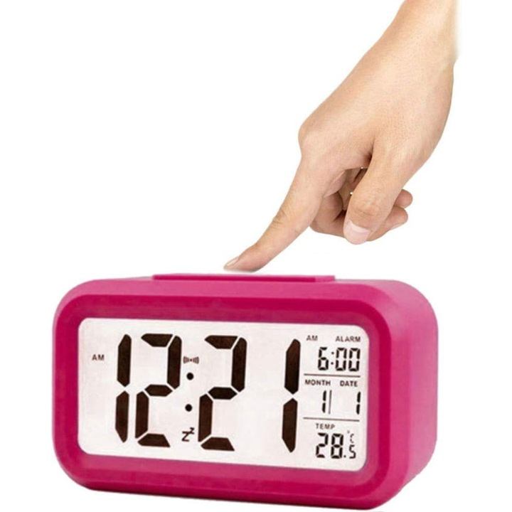 Ceas de alarma digital, cu iluminare, data, temperatura, senzor de amanare, roz, 14.48x8.64x5.59cm