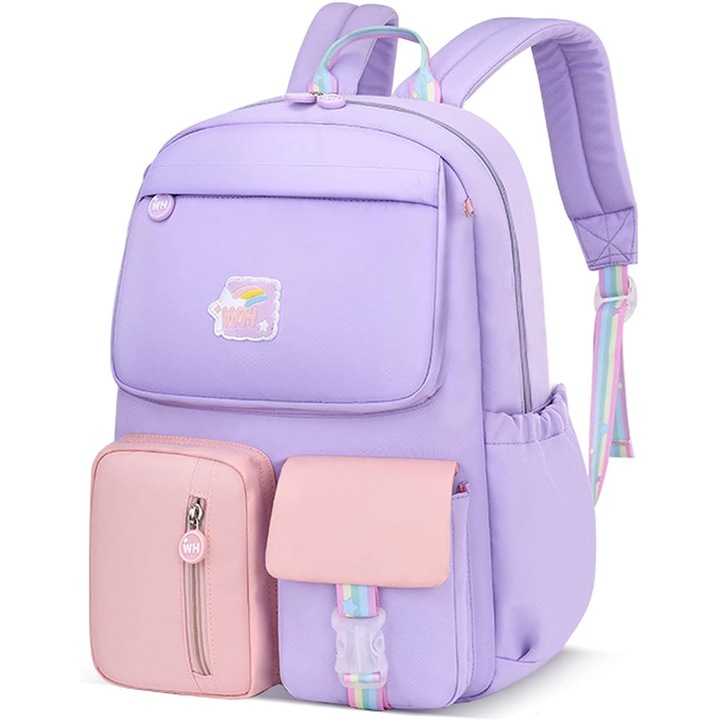 Ghiozdan pentru copii, 31x13x44cm, 6 compartimente, impermeabil, mov cu roz