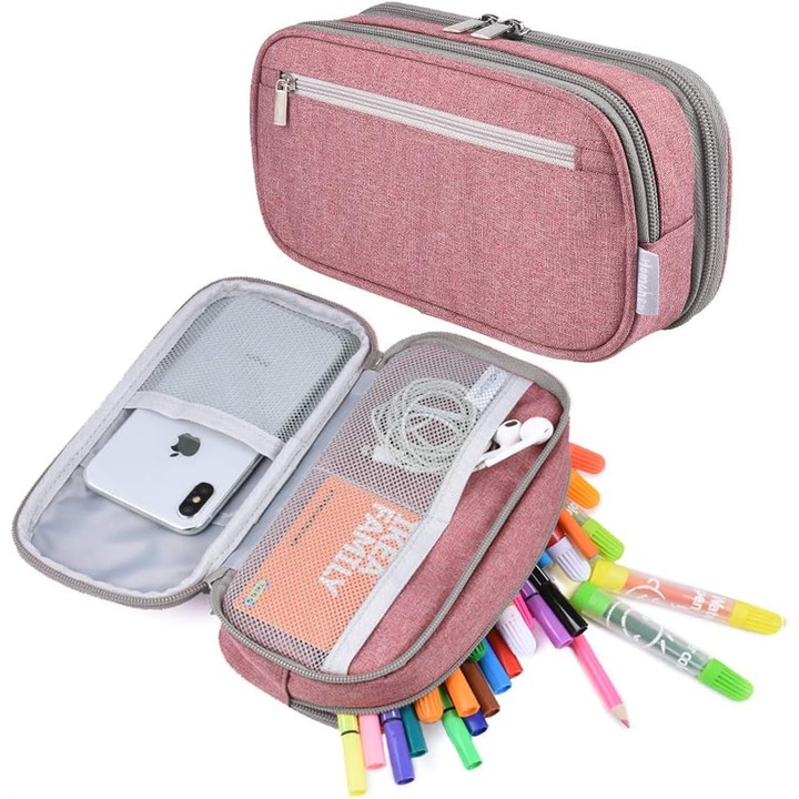 Penare, 3 compartimente multifunctionale, capacitate mare, roz, 21x10.4x6.1cm