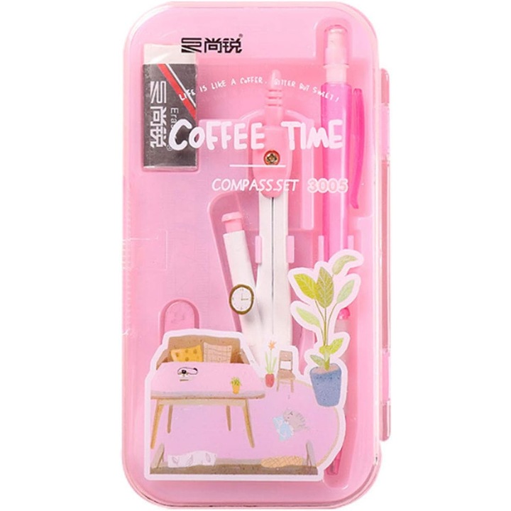 Set de geometrie 8 piese, compas, rigla, creion mecanic, cutie metalica, 16.5x8.5cm