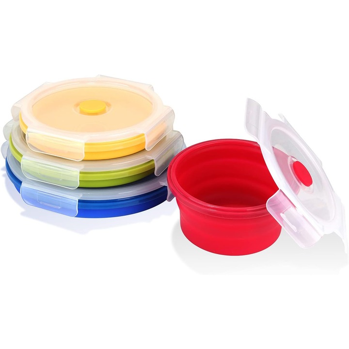 Set 4 boluri din silicon, rosu, galben, verde, albastru, dimensiuni mici 12x6.5cm, medii 14x6.5cm, mari 16x7cm, extra mari 18x7.5cm