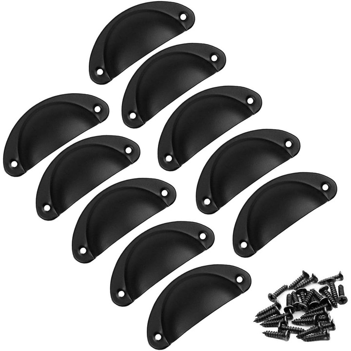 Set 10 manere retro tip scoica, 82x35mm, metal, pentru sertare, negru