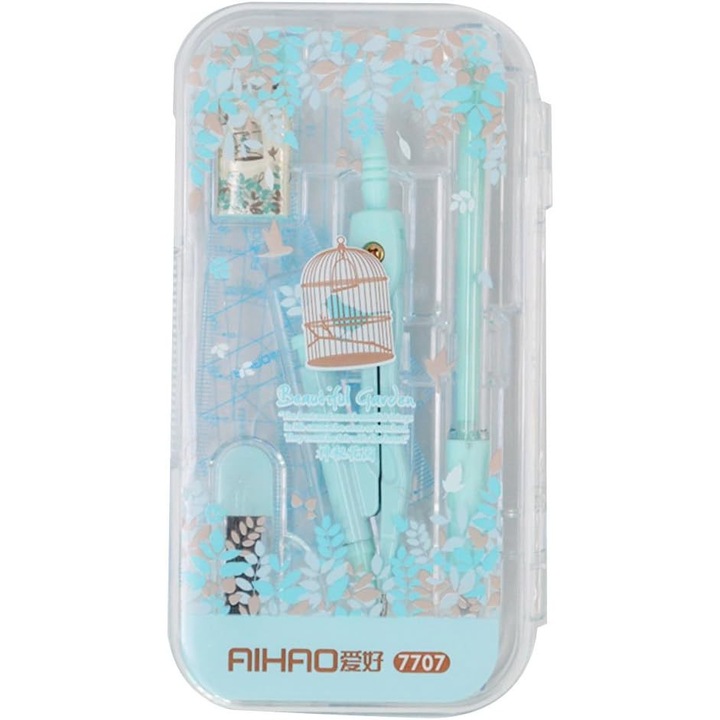 Set de unelte de desen, 8 piese, rigla, compas, raportor, creion mecanic, verde, 8.5x17cm