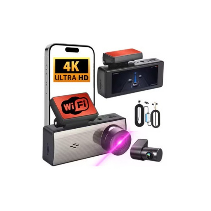 Camera Auto DVR 3 in 1 AMYMAT Ultra-HD cu Inregistrare 4K Frontala, Modul Inteligent cu legare la sigurante 2.5K si 1080P Posterioara, WiFi Integrat, Viziune Nocturna si Suport de Securitate Completa – Protectie Premium pentru Soferi si Vehicule